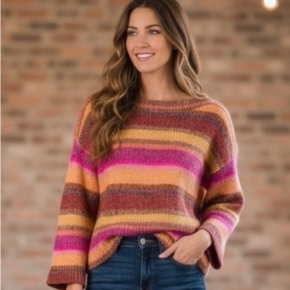 J.Crew Alpaca Merino Wool Blend Sweater M Stripe Multicolor Fuzzy Knit Cozy Fall